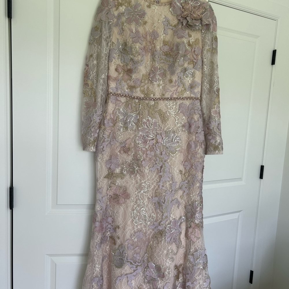Mac Duggal Tan and Gold Long Sleeve Gown